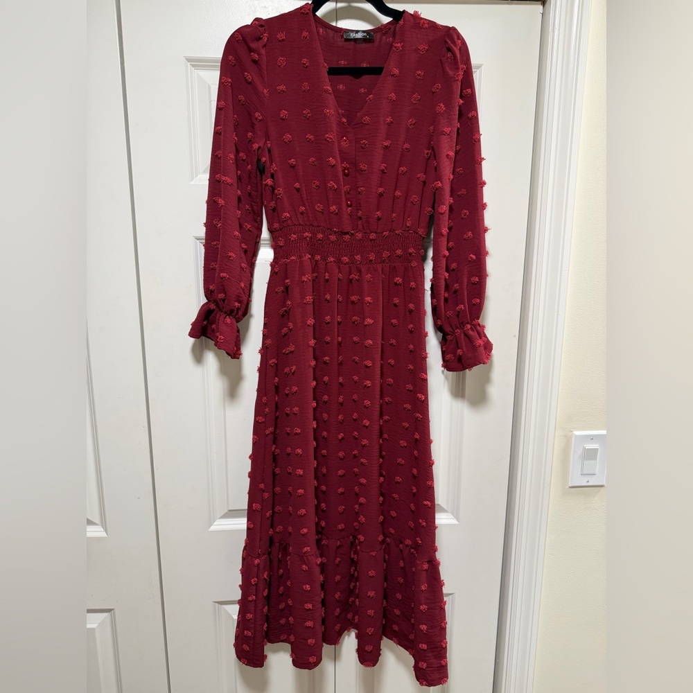Elegant Burgundy Textured Midi Dress